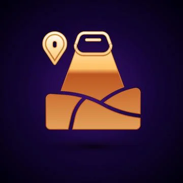 Gold Map pointer with mountain icon isolated on black background. Mountains 스톡 일러스트