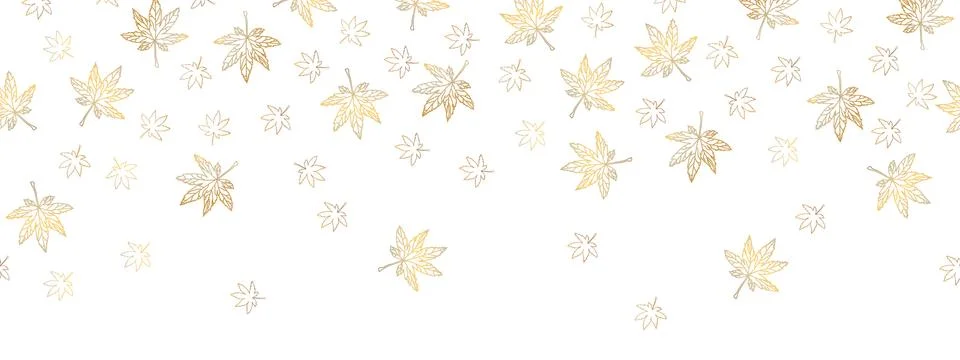 Gold maple leaves falling border design with white background Stock Illustration