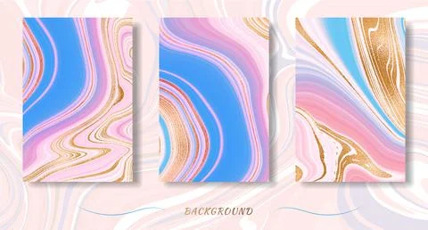 Gold marble design. A set of three images in beautiful pink and blue marble a Stock Illustration