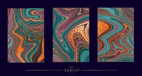 Gold marble design. A set of three images in beautiful burgundy green marble and Stock Illustration