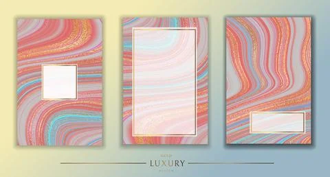 Gold marble design. A set of three images in beautiful pink and blue marble and Stock Illustration