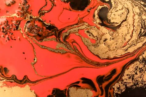 Gold marbling texture design. Red and golden marble pattern. Fluid art. Stock Illustration