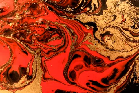Gold marbling texture design. Red and golden marble pattern. Fluid art. Stock Illustration