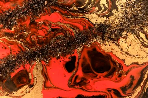 Gold marbling texture design. Red and golden marble pattern. Fluid art. Stock Illustration