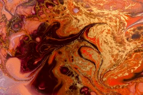 Gold marbling texture design. Red and golden marble pattern. Fluid art. Stock Illustration
