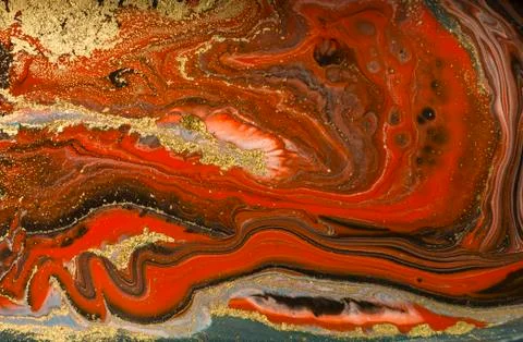 Gold marbling texture design. Red and golden marble pattern. Fluid art. Stock Illustration