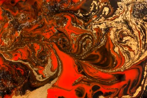 Gold marbling texture design. Red and golden marble pattern. Fluid art. Stock Illustration
