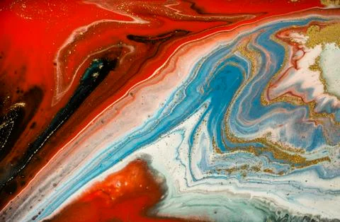 Gold marbling texture design. Red and golden marble pattern. Fluid art. Stock Illustration