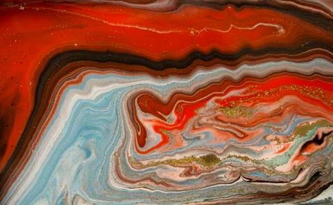 Gold marbling texture design. Red and golden marble pattern. Fluid art. Stock Illustration