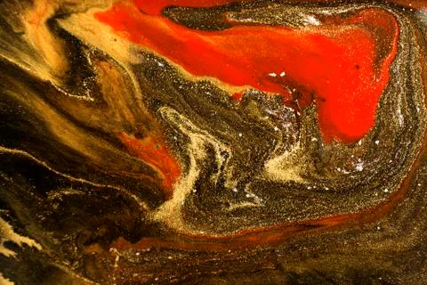 Gold marbling texture design. Red and golden marble pattern. Fluid art. Stock Illustration