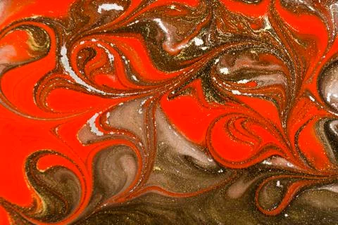 Gold marbling texture design. Red and golden marble pattern. Fluid art. Stock Illustration
