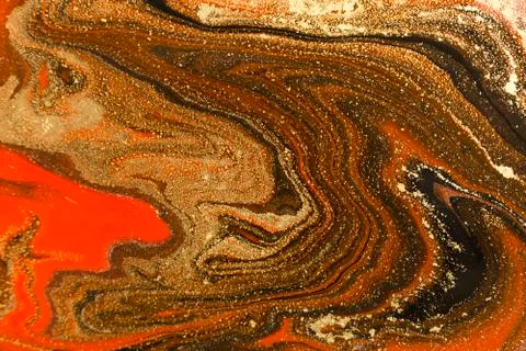 Gold marbling texture design. Red and golden marble pattern. Fluid art. Stock Illustration