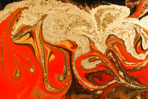 Gold marbling texture design. Red and golden marble pattern. Fluid art. Stock Illustration