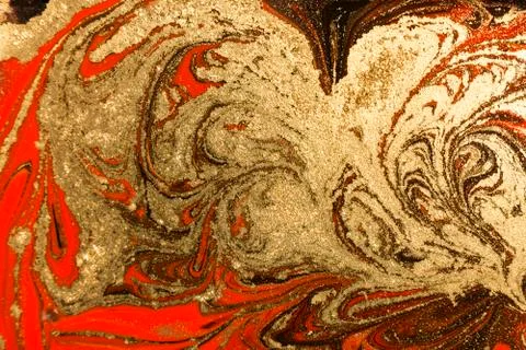 Gold marbling texture design. Red and golden marble pattern. Fluid art. Stock Illustration