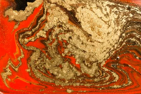 Gold marbling texture design. Red and golden marble pattern. Fluid art. Stock Illustration