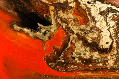 Gold marbling texture design. Red and golden marble pattern. Fluid art. Stock Illustration