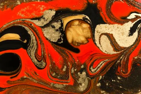 Gold marbling texture design. Red and golden marble pattern. Fluid art. Stock Illustration