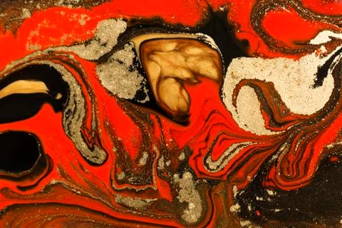 Gold marbling texture design. Red and golden marble pattern. Fluid art. Stock Illustration