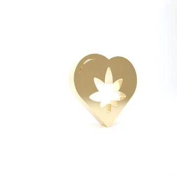 Gold Marijuana leaf in heart shape icon isolated on white background. Hemp sy Illustrazione stock