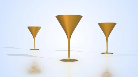 Gold Martini Glasses on a Light Reflective Floor. Martini Glasses 3D Animation. Video stock 301623992