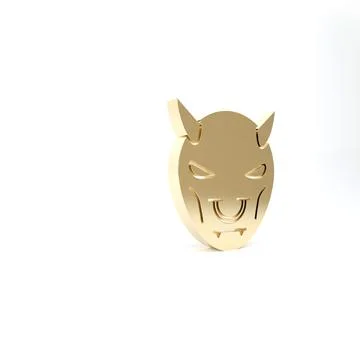 Gold Mask of the devil with horns icon isolated on white background. 3d illus Stock Illustration