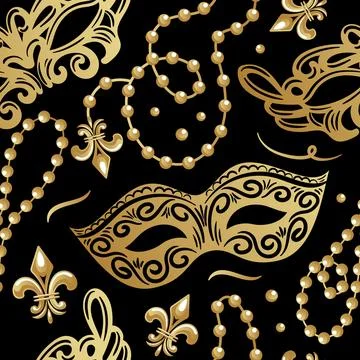 Gold masks adorned with festive beads and fleur-de-lis motifs are perfect f.. Stock Illustration