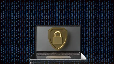 The gold master key on shield on digital background  for security concept 3d  Stock Illustration