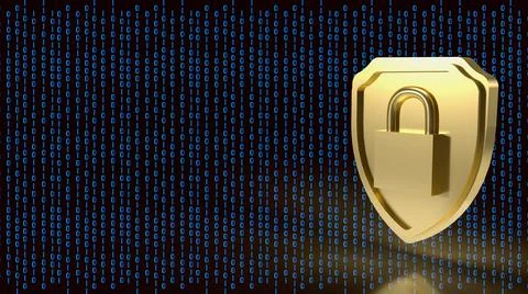 The gold master key on shield on digital background  for security concept 3d  Stock Illustration