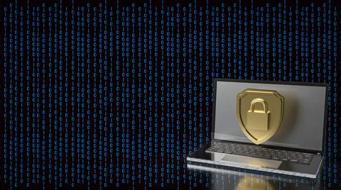 The gold master key on shield on digital background  for security concept 3d  Stock Illustration