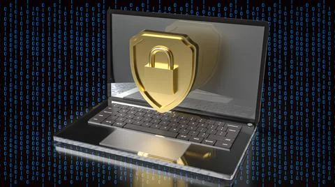 The gold master key on shield on digital background  for security concept 3d  Stock Photos