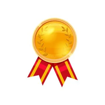 Gold medal red ribbon with relief detail. Gold medal for first place. Gold medal Stock Illustration