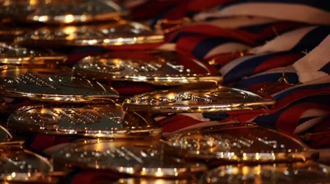 Gold medals close-up Stock Footage 31959628