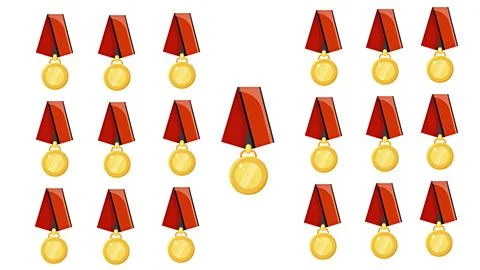 Gold medals with red ribbons pattern on white background for success and ac.. Stock Illustration
