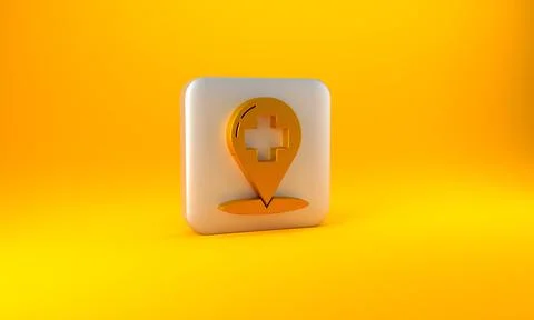 Gold Medical map pointer with cross hospital icon isolated on yellow background Stock Illustration