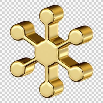 Gold metallic central node icon with six connection spoke and circle end Stock Illustration