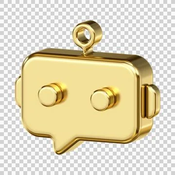 Gold metallic chatbot icon featuring robot face speech bubble shape with an.. Stock Illustration