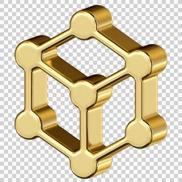 Gold metallic cube structure icon with node sphere connection point Stock Illustration