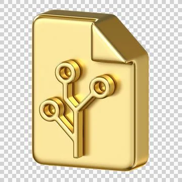 Gold metallic document file icon with git branch circuit structure and fold.. Stock Illustration