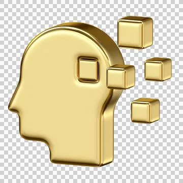 Gold metallic human head profile icon with square mind hole and data cube Stock Illustration