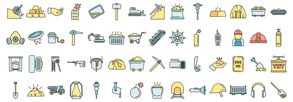 Gold mining and ore extraction icons showing equipment and workers 스톡 일러스트