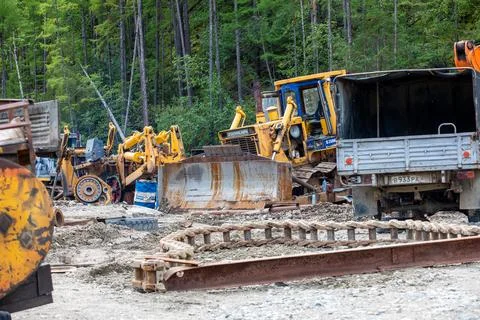 Gold mining equipment is located in the developed area Stock Photos