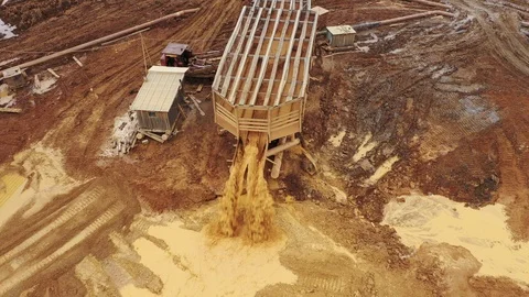 Gold mining. Flushing rocks using dredges. View from above Stock Footage 120517312