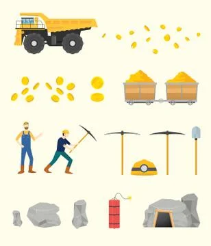 Gold mining set collection objects with people and other tools - vector illus Stock Illustration