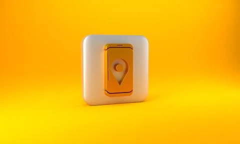 Gold Mobile smart phone with app delivery tracking icon isolated on yellow Stock Illustration
