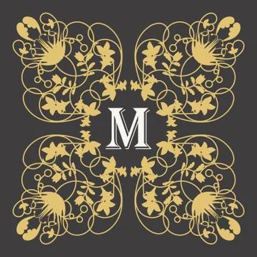 Gold monogram frame with letter m on dark background for logo Illustrazione stock