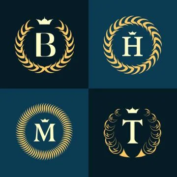 Gold Monogram logos. Abstract style Letter emblems B, H, M, T Stock-Illustration