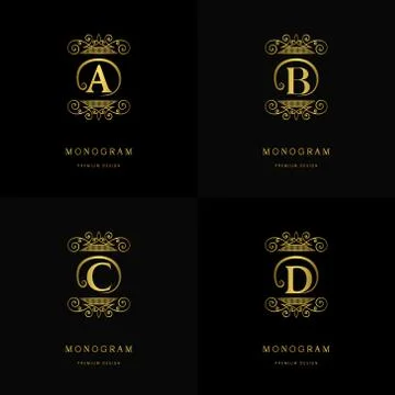 Gold Monogram logos. Abstract style Letter emblems A, B, C, D Stock-Illustration