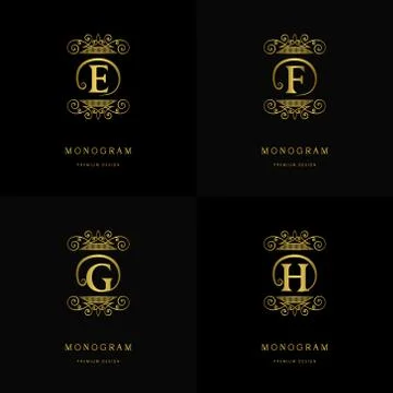 Gold Monogram logos. Abstract style Letter emblems E, F, G, H Stock-Illustration