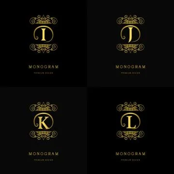 Gold Monogram logos. Abstract style Letter emblems I, J, K, L 스톡 일러스트