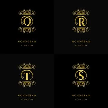 Gold Monogram logos. Abstract style Letter emblems Q, R, T, S Stock Illustration